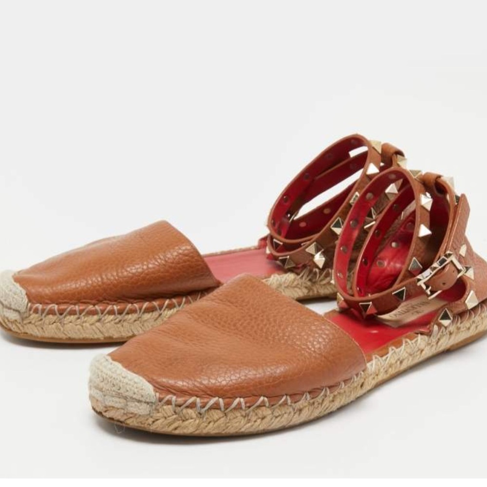 Valentino brown leather rockstud leather ankle strap espadrille